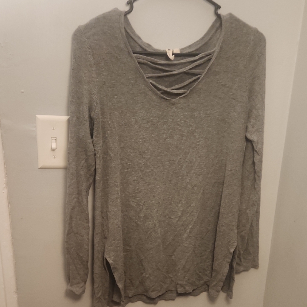 Gray Ribbed V-neck Long Sleeve Women's Top
